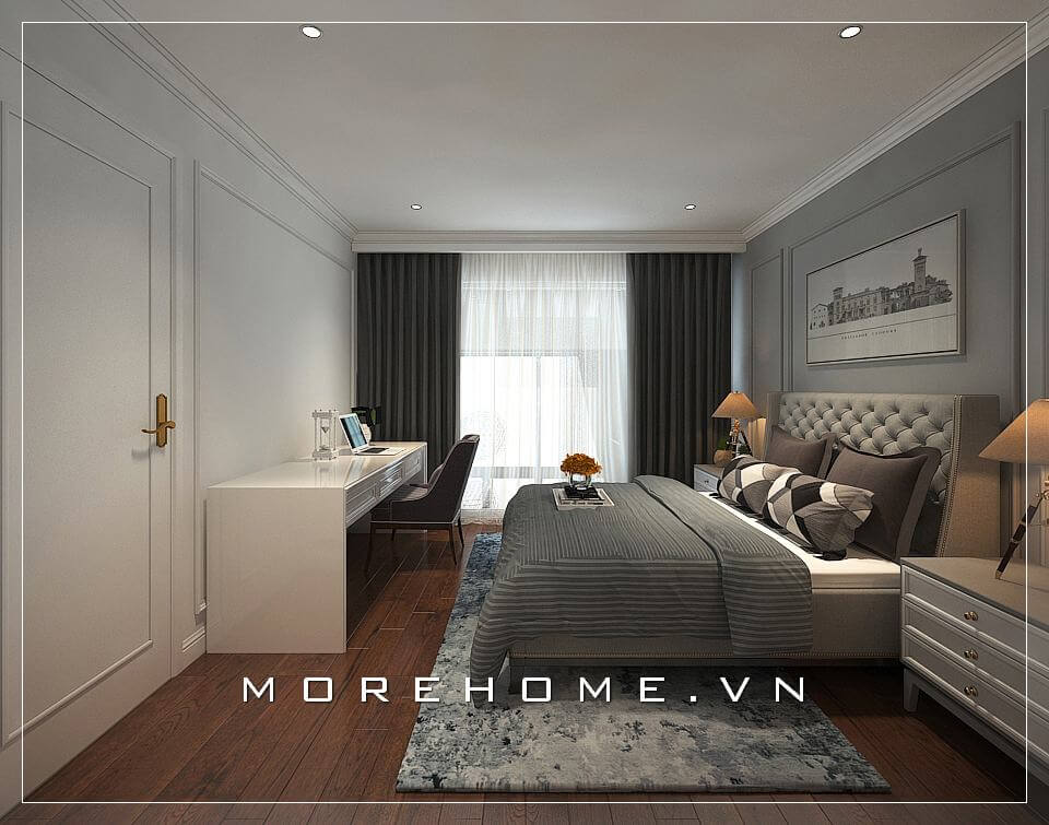 Thiết kế nội thất phòng ngủ nhỏ hiện đại, chiếc giường ngủ cách điệu đâu giường bọc da tạo điểm nhấn ấn tượng cho không gian bớt đi phần đơn điệu, tẻ nhạt